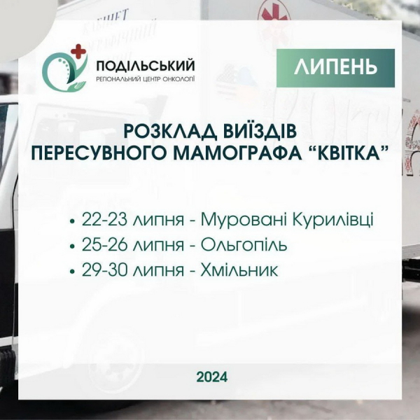У липні пересувний мамограф «Квітка» працюватиме в трьох населених пунктах Вінниччини: графік